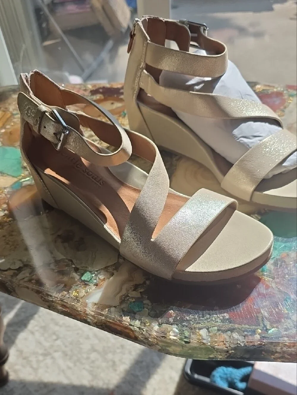 gentle souls Iridescent Champagne Beige Wedge Sandals